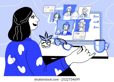 Video conference call of colleagues, remote teamwork and communication. Video calls or webinar, collaboration of business team, vector illustration isolated on background.