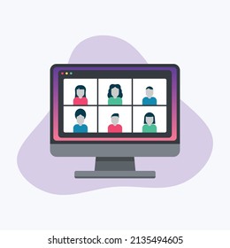 Video conference call concept. Colleagues talk to each other on the computer screen. Work from home. Online meeting. Flat vector illustration.