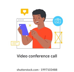 Video conference call concept with a young smiling man holding smarphone in hands. Virtual window frame, man having an online meeting. Minimal style outline flat cartoon vector illustration