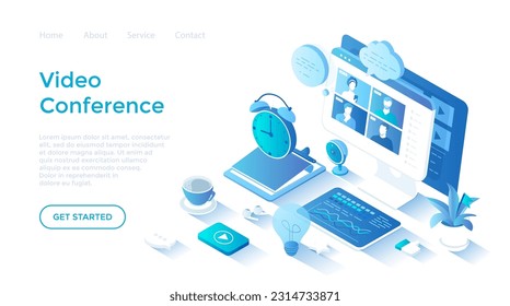 Video conference. Video call of group of people. Online communication. Distance meeting of colleagues. Isometric illustration. Landing page template for web on white background.	

