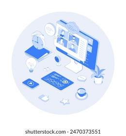 Video conference. Video call of group of people. Online communication. People taking on computer screen. Distance meeting of colleagues. Vector outline illustration with isometry scene for web graphic