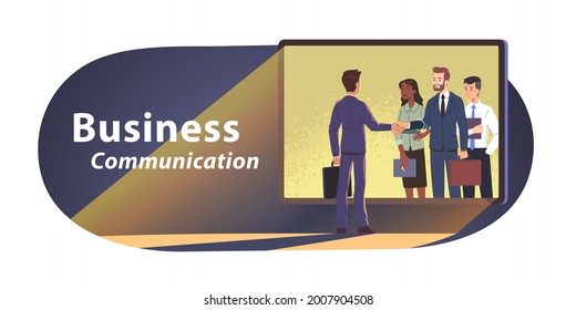 Video conference call handshake online trough screen. Business people group shaking hands remotely. Leader person meet with colleagues remotely. Distance communication concept flat vector illustration