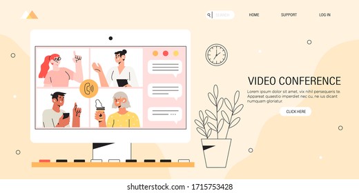 Video conference call landing page or banner. People on computer screen taking with colleague or team members. Videoconferencing, online meeting workspace or platform and freelance vector concept.