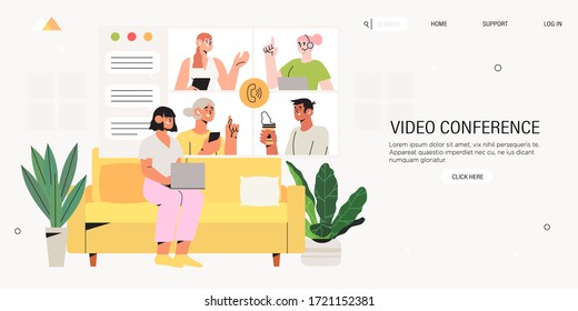 Video conference call landing page or banner. Woman talk with taking with colleague or team members on screen. Videoconferencing, online meeting workspace or platform and freelance vector concept.