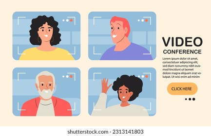 Video conference call landing page or banner. People on computer screen talking with colleague or team members. Video Conferencing, online meeting workspace or platform and freelance vector concept.