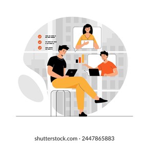 Video conference and call. Online meeting and telecommunication, remote workers and employees. Illustration with people scene in flat design for website and mobile development.	
