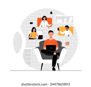 Video conference and call. Online meeting and telecommunication, remote workers and employees. Illustration with people scene in flat design for website and mobile development.	
