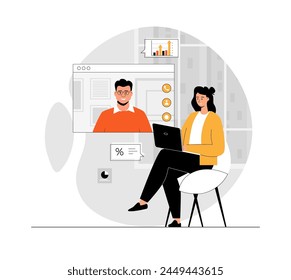 Video conference and call. Online meeting and telecommunication, remote workers and employees. Illustration with people scene in flat design for website and mobile development.	
