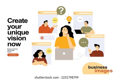 Video conference call, online team meeting concept. People on computer screen talking. Men and women virtual discussion, web communication design. Flat vector illustration with people characters	