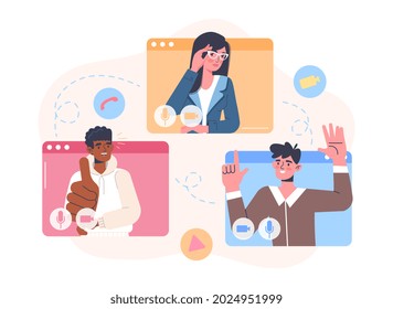 Video conference call. Project development remotely via video calling application. Men and women on screens taking with colleague. Flat cartoon vector illustration, isolated on white background