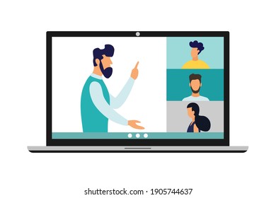 Video conference call, remote project management, quarantine, chat with friends. Vector illustration in a modern style.