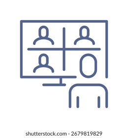 Video conference call screen, online meeting icon, remote work communication, digital team conference, group call symbol, online collaboration flat vector illustration.