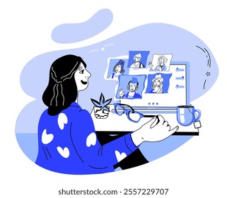 Video conference call, teamwork and communication and collaboration. Webinars and virtual meetings concept of vector banner isolated on white.
