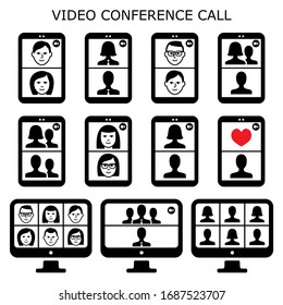 Videoconferencia llamada iconos vectoriales, comunicador en línea para negocios y socialización, fiesta en línea con grupo de personas. 
Trabajo desde casa, distanciamiento social, lección en línea, concepto de entrevista de trabajo