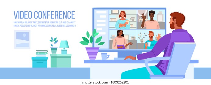 Video conference and call vector illustration with man working at home, computer screen with diverse people. Online virtual meeting flat banner with multinational people. Video conference concept 