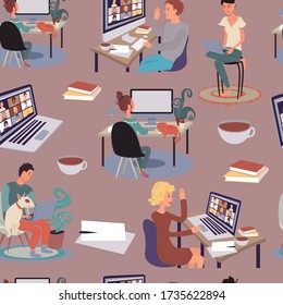 Video conference call via computer. Home office. Stay at home and work from home concept during Coronavirus pandemic.
Vector. Cartoon illustration.