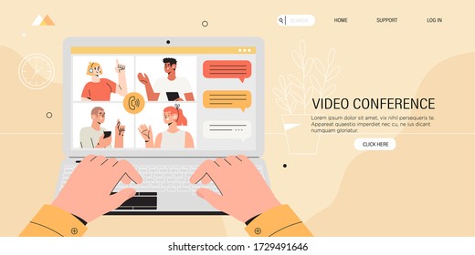 Video conference call web page or banner. People on computer screen taking with colleague or team members. Videoconferencing, online meeting or discussion workspace or platform and freelance concept.