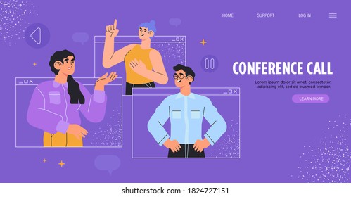 Vídeo ou teleconferência, trabalhando em casa, freelance, conceito de discussão de negócios. Pessoas nas telas do computador levando com o colega. Banner da web do espaço de trabalho de videoconferência e reunião on-line.