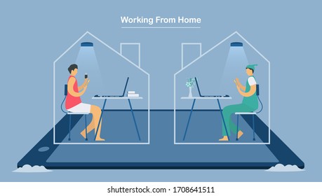 Video conference calls with Laptop or smartphone. Work from home for protecting new coronavirus. Isolated vector is in flat style.