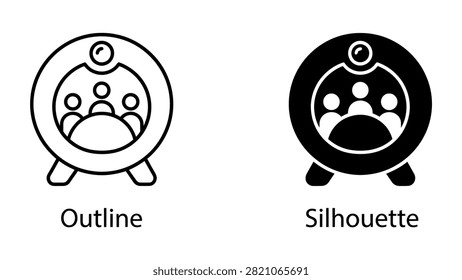 Video conference camera icon set with people group inside a round lens for online business meeting digital tools
