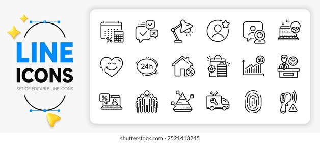 Video conference, Car service and Group line icons set for app include Smile face, Loan house, Cyber attack outline thin icon. Pyramid chart, Annual tax, Fingerprint pictogram icon. Vector