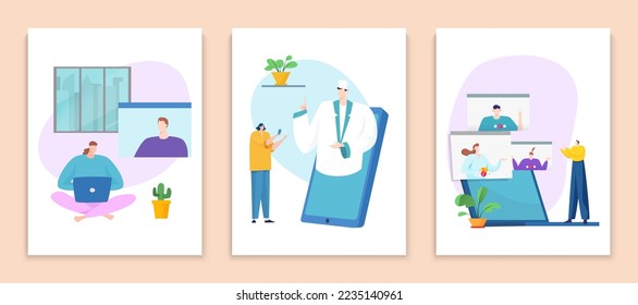 Juego de tarjetas de videoconferencia, ilustración vectorial, personaje de persona plana en la tecnología de reuniones en línea, charla de mujer con un médico de Internet.
