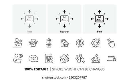 Video conference, Cardboard box and Charging cable line icons. Pack of Quickstart guide, Winner podium, Jobless icon. Vitamin e, Furniture moving, Gps pictogram. Notebook service. Line icons. Vector