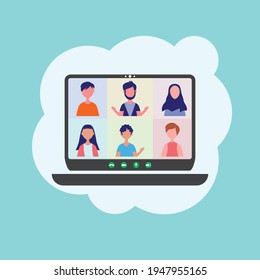 Video conference with character people group flat design