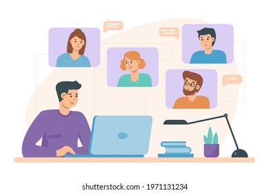 Video conference chat with men and woman on laptop. People on computer screen taking with colleague. Videoconferencing and online meeting workspace   illustration on flat style. Distance learning.