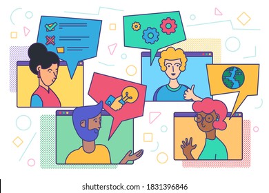 Video conference and chatting. Online meeting of diverse people for distance web communication. Friends video call or team business call from home. Vector illustration