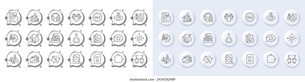 Video conference, Cognac bottle and Favorite chat line icons. White pin 3d buttons, chat bubbles icons. Pack of Vegetables, Cyber attack, Puzzle icon. Sale, Typewriter, Hold t-shirt pictogram. Vector