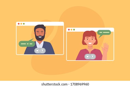 Video conference. Colleagues taking part in video conference in home. Working from home. Software for online communication. Vector illustration