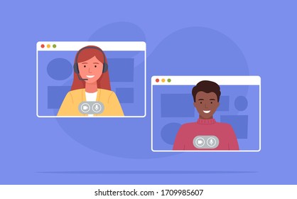 Video conference. Colleagues taking part in video conference in home. Working from home. Software for online communication. Vector illustration