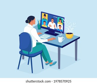 Video conference. Colleagues talk to each other on the laptop screen. Conference video call, working from home, online meeting workspace. Vector illustration