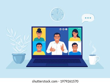 Video conference. Colleagues talk to each other on the laptop screen. Conference video call, working from home, online meeting workspace. Vector illustration