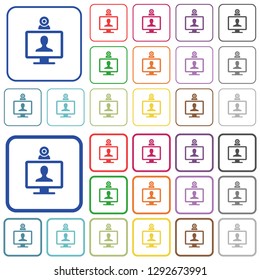 Video conference color flat icons in rounded square frames. Thin and thick versions included.