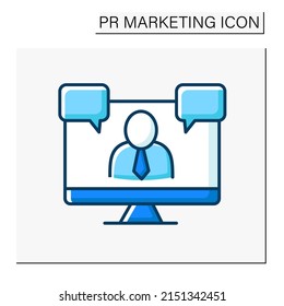 Video conference color icon. Interview by computer with a person. Dialogue. PR marketing concept. Isolated vector illustrations