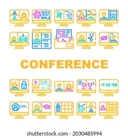 Video Conference Communication Icons Set Vector. Business Video Conference And Consultation With Doctor, Presentation And Remote Education Line. People Discussion Color Illustrations