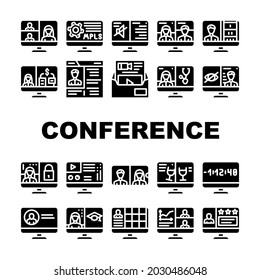 Video Conference Communication Icons Set Vector. Business Video Conference And Consultation With Doctor, Presentation And Remote Education Glyph Pictograms Black Illustrations