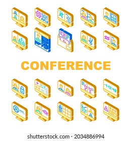 Video Conference Communication Icons Set Vector. Business Video Conference And Consultation With Doctor, Presentation And Remote Education Isometric Sign Color Illustrations