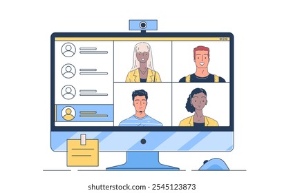 Videoconferência no computador. Homens e mulheres se comunicam através de vídeo-chamada em redes sociais e mensageiros. Trabalhadores remotos em teleconferência. Ilustração de vetor linear isolada no plano de fundo branco