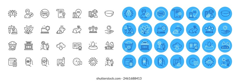 Video conference, Computer security and Certificate line icons pack. Coffee break, Fake news, Water bowl web icon. Microscope, Fraud, Bowl dish pictogram. Sun protection, Popcorn, Leaf. Vector