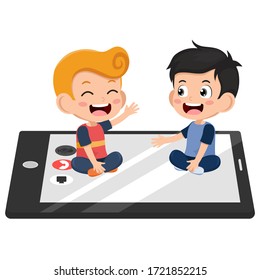 Video conference Concept. Cute little boy using tablet for video call online with friend kid. children so happy using technology internet. child is smile. Stay at home. Vector illustration for call.