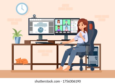 Video conference concept. Female workspace have video call online meeting work from home. Vector illustration New normal.