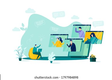 Video conference concept in flat style. Team members discussing project online scene. Web communication, teleconference and video call. Vector illustration with people characters in work situation.