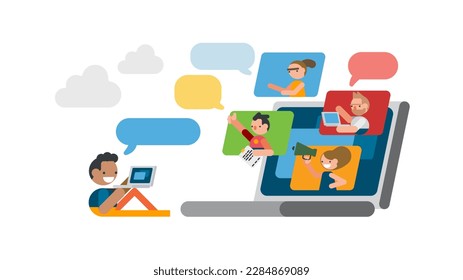 Video conference concept in flat style. Team members discussing project online scene.