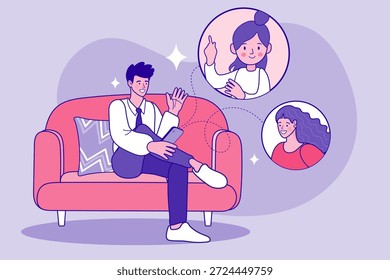 Conceito de videoconferência. Ilustração de vetor plano de um homem freelancer sentado em um sofá fazendo uma chamada de vídeo para colegas do sexo feminino através de bolhas de smartphone, representando trabalho remoto e reunião virtual.