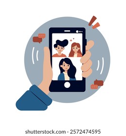 Video conference concept. Friends video call using the smartphone. Human hand hold device with people on screen. Digital technology and communication. Vector flat cartoon illustration.
