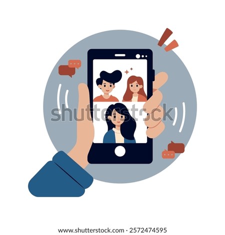 Video conference concept. Friends video call using the smartphone. Human hand hold device with people on screen. Digital technology and communication. Vector flat cartoon illustration.