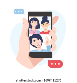 Video conference concept. Friends are having video call using the smartphone. Human hand hold device with people on screen. Vector flat cartoon illustration